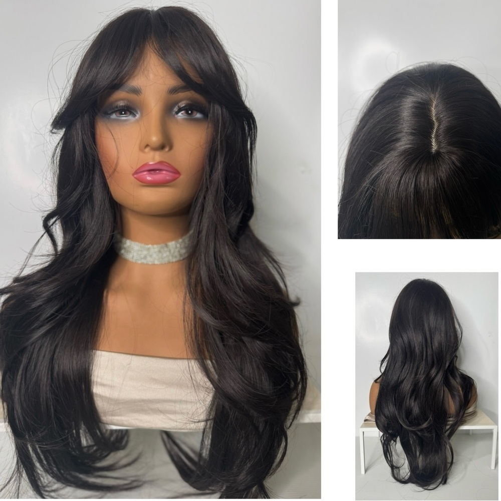 Long Black Layered Synthetic Wig – Natural Jet Black, Curtain Bangs